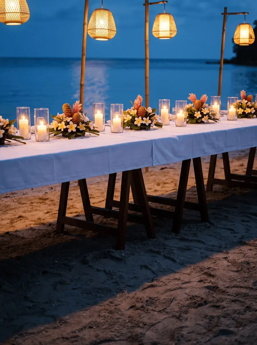 Candlelit gala dinner table on a beach at dusk